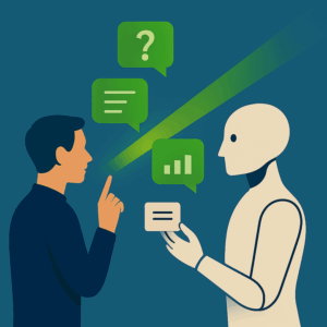 A flat-style digital illustration shows a human and a robot exchanging information. The background is a medium blue (#203B58), while the human wears a dark blue (#192B3F) shirt and points upward. Green speech bubbles containing a question mark, text lines, and a bar chart float between them, connected by a glowing green beam that links the two figures, symbolizing real-time communication and data delivery at the speed of thought.