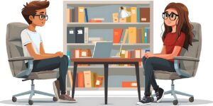 Professional job interview scene with two people sitting across from each other at a desk in a modern office, with bookshelves in the background and a laptop on the table, representing the hiring and recruitment process