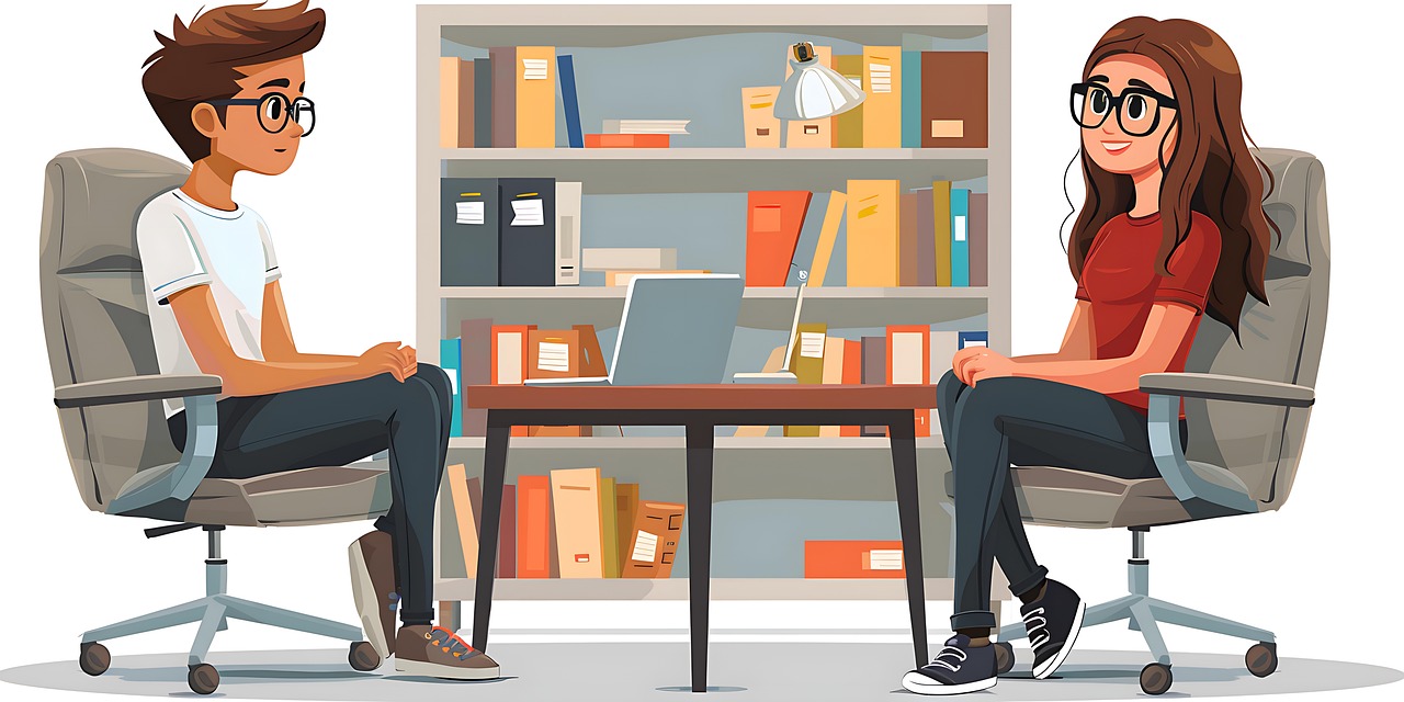 Professional job interview scene with two people sitting across from each other at a desk in a modern office, with bookshelves in the background and a laptop on the table, representing the hiring and recruitment process