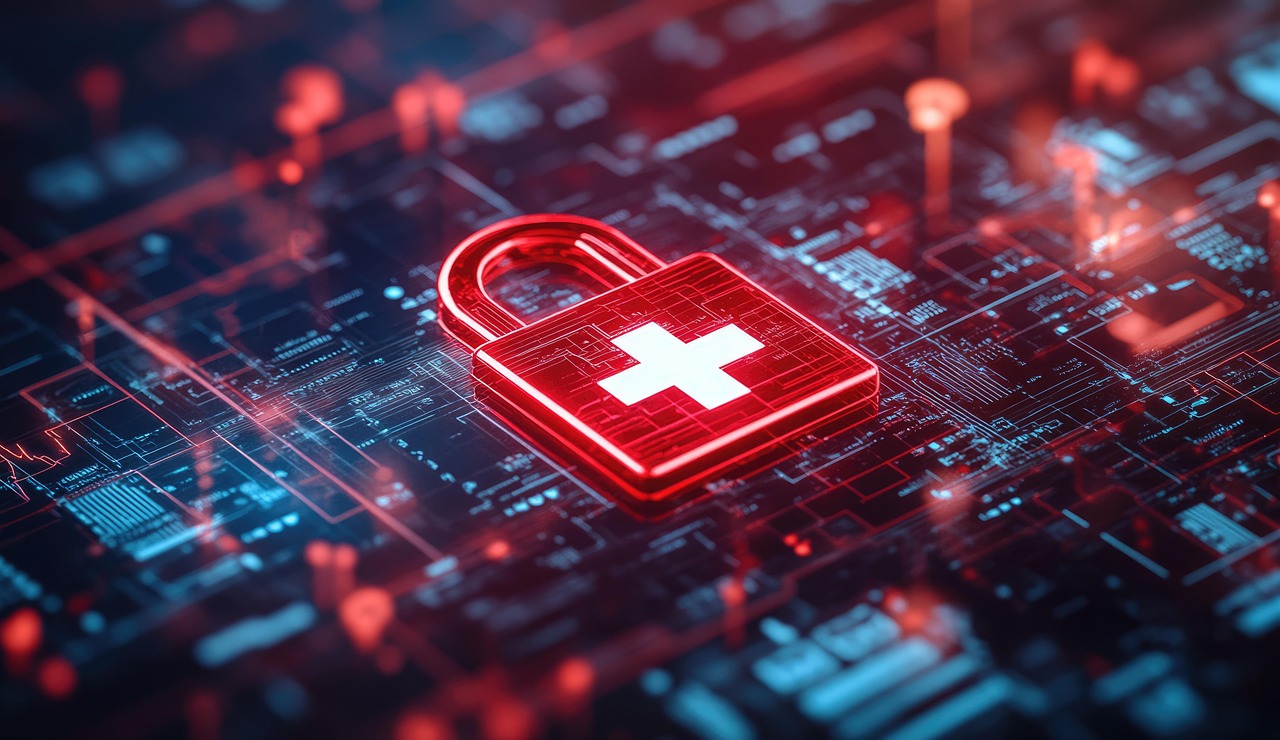 D rendered cybersecurity concept showing a glowing red padlock with white cross symbol positioned on illuminated circuit board background, representing data security and digital protection