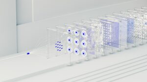 A conceptual 3D visualization showing a series of transparent glass or acrylic panels arranged in sequence, each displaying increasingly complex blue dot patterns that represent data flow or processing stages. The leftmost panel shows a few scattered blue dots with radiating lines, while subsequent panels show progressively denser arrangements of blue dots and patterns, culminating in grid-like formations on the rightmost panels. The scene is rendered in a clean, minimalist white environment, suggesting a technological or data processing concept.