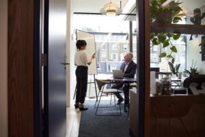 Business professional presenting strategy on whiteboard to executive in modern glass-walled office conference room with city view and contemporary furnishings
