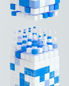 Abstract 3D visualization of blue and white cubes arranged in multiple layers, representing distributed data systems consolidating into unified architecture through geometric connections and foundational infrastructure patterns.