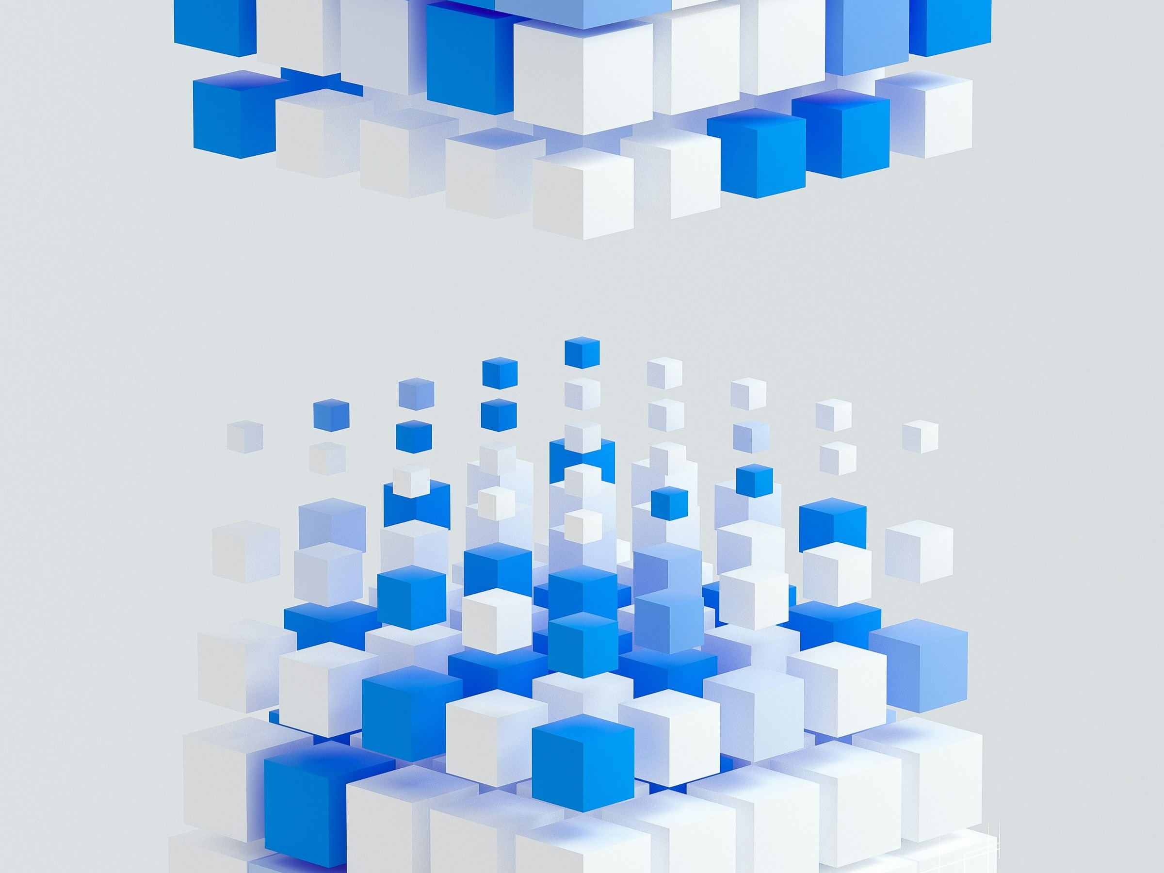 Abstract 3D visualization of blue and white cubes arranged in multiple layers, representing distributed data systems consolidating into unified architecture through geometric connections and foundational infrastructure patterns.