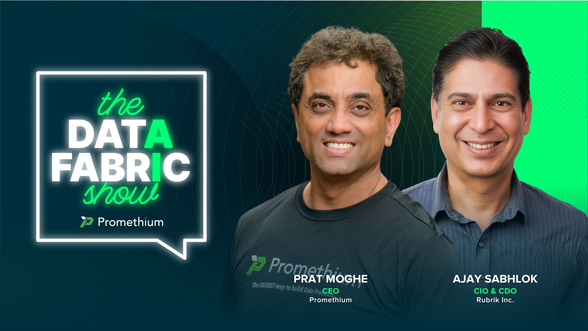 Cover of an episode of The AI Data Fabric Show where Prat Moghe hosts Ajay Sabhlok, CIO & CDO of Rubrik