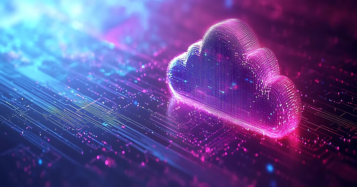 Digital cloud icon on glowing circuit board with blue and pink hues, representing technology and data in a futuristic setting.