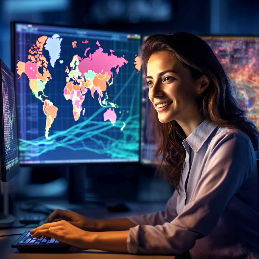 Data Analyst At Work World Map In Background
